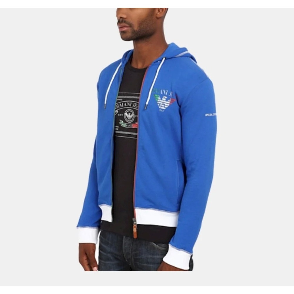 Armani Jeans Mens Slim Fit Full Zip Hoodie Blue Logo Italy World Football XL NEW